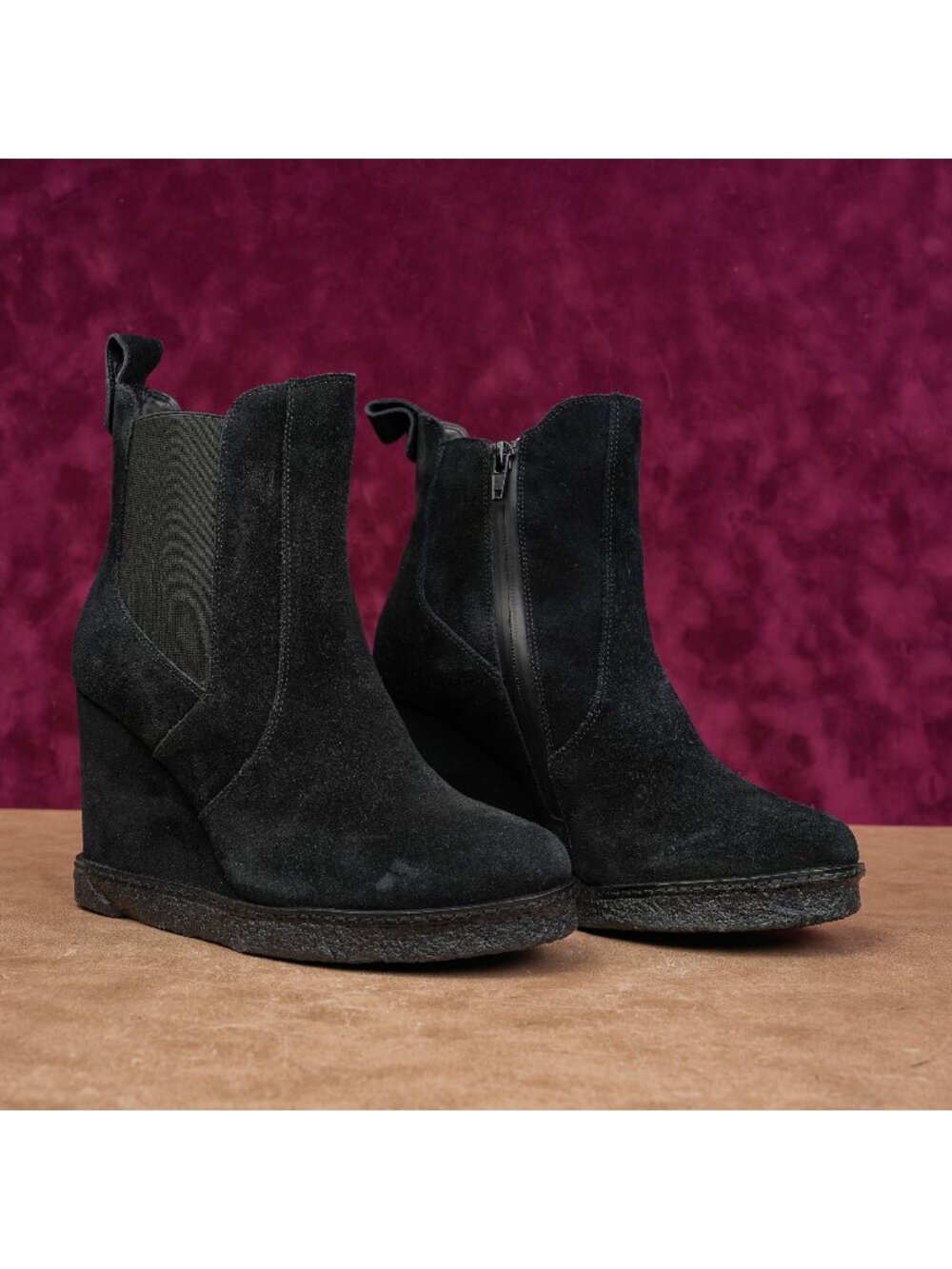 Vaneli Women Black Suede Waterproof Elastic Chelsea Wedge Fashion Boots sz 8.5